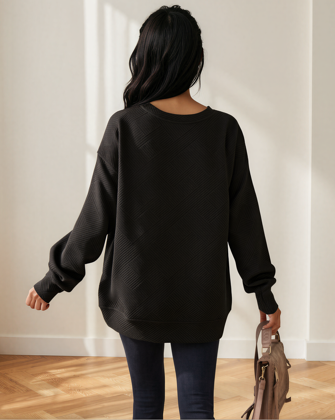 Brynn Textured Round Neck Drop Shoulder Pullover Sweatshirt in Coffee view 13 - Sweatshirt Pullover (top)