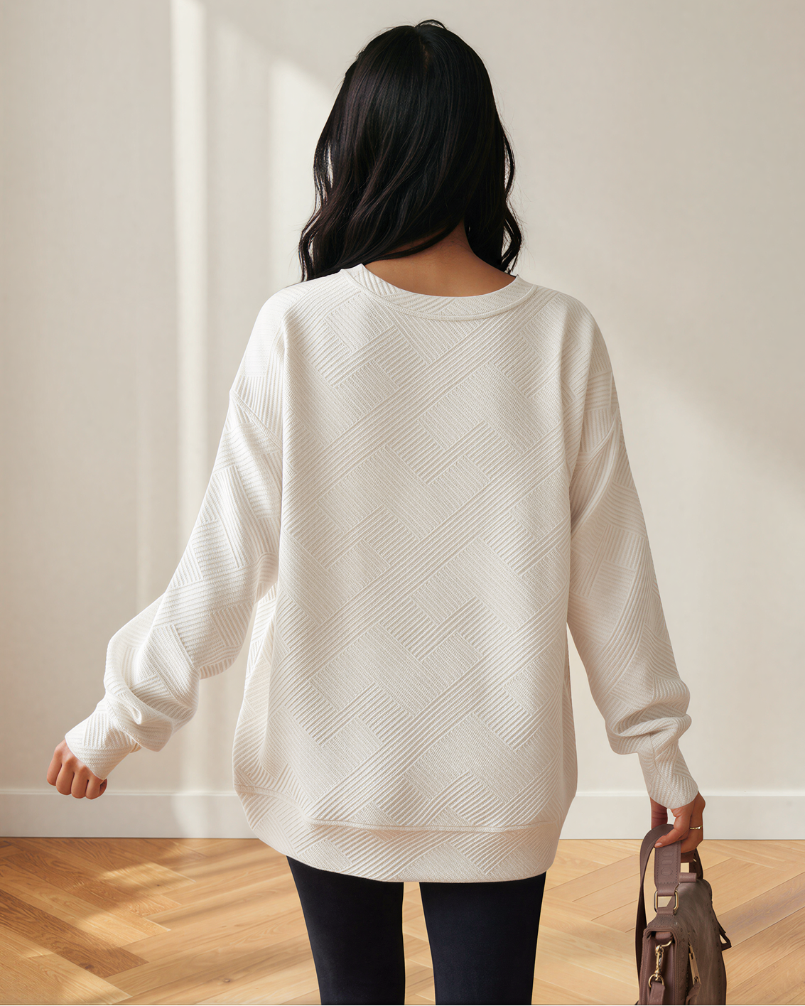 Brynn Textured Round Neck Drop Shoulder Pullover Sweatshirt in Coffee view 14 - Sweatshirt Pullover (top)