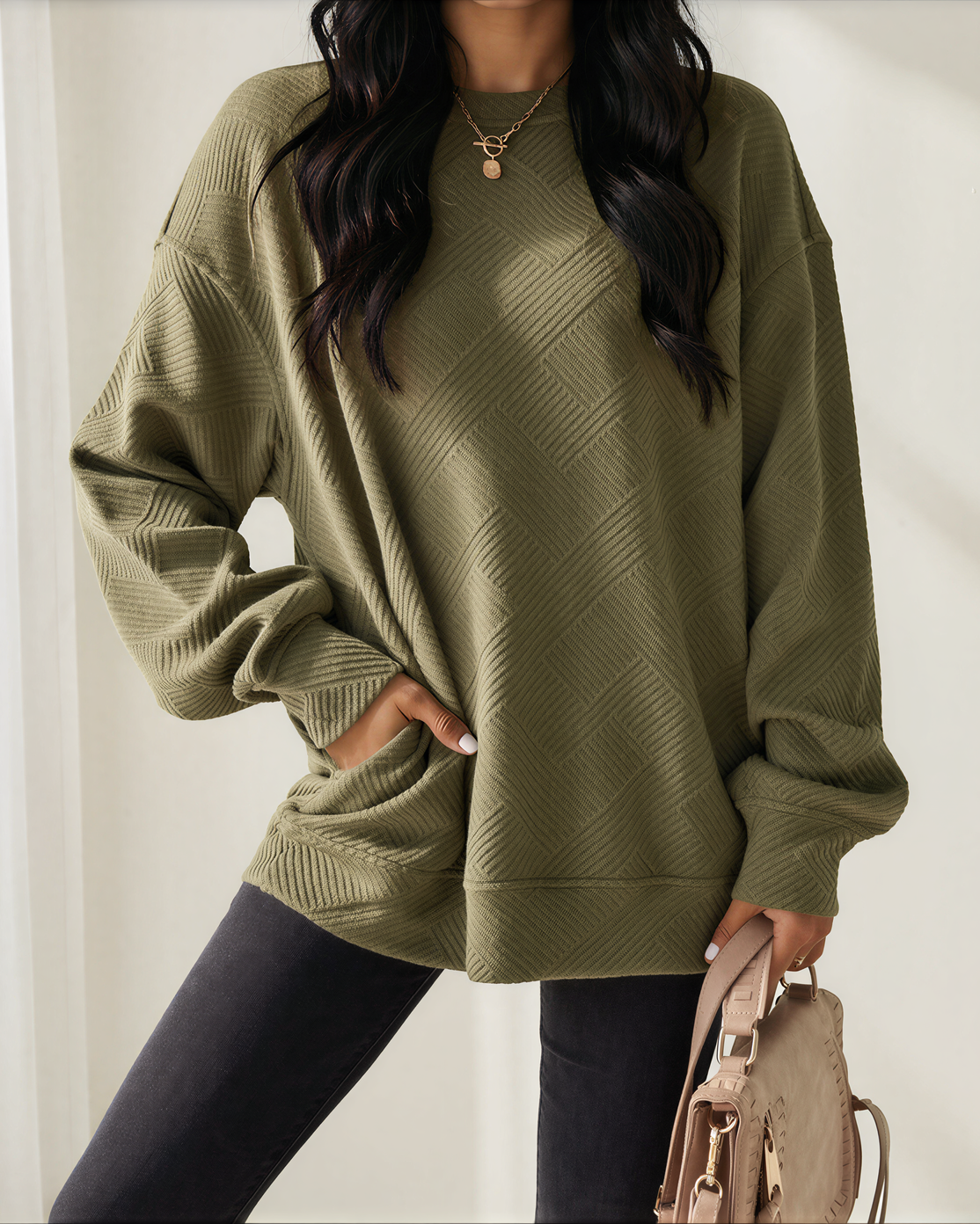 Brynn Textured Round Neck Drop Shoulder Pullover Sweatshirt in Parchment view 4 - Sweatshirt Pullover (top)