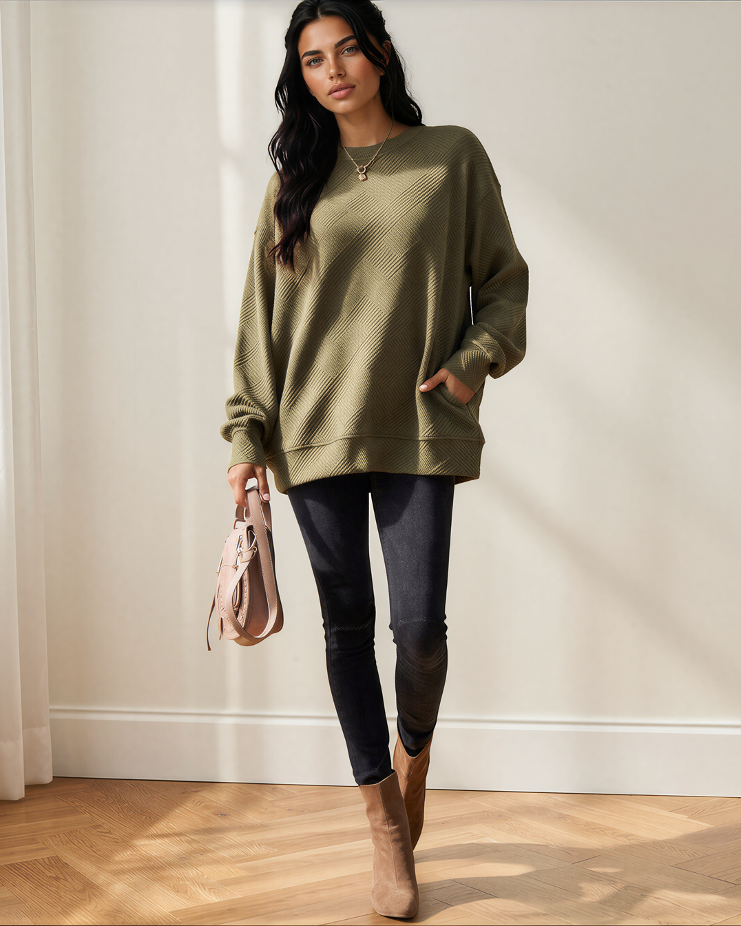 Brynn Textured Round Neck Drop Shoulder Pullover Sweatshirt in Parchment view 5 - Sweatshirt Pullover (top)