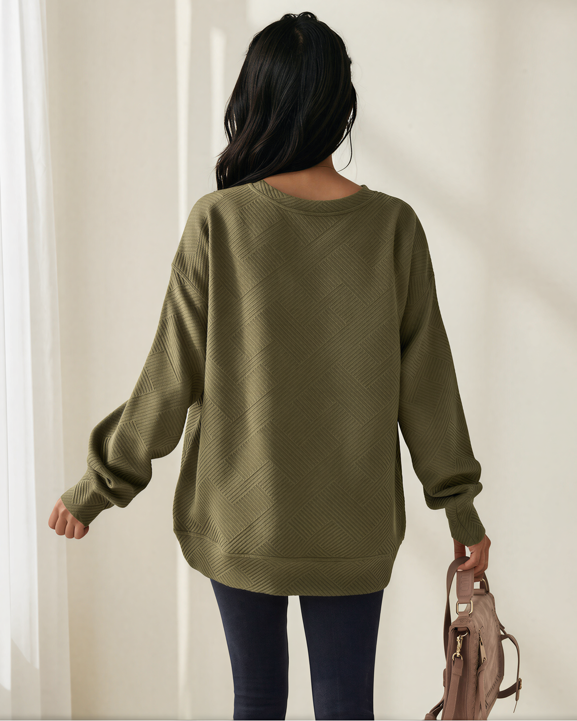 Brynn Textured Round Neck Drop Shoulder Pullover Sweatshirt in Jungle Green view 6 - Sweatshirt Pullover (top)