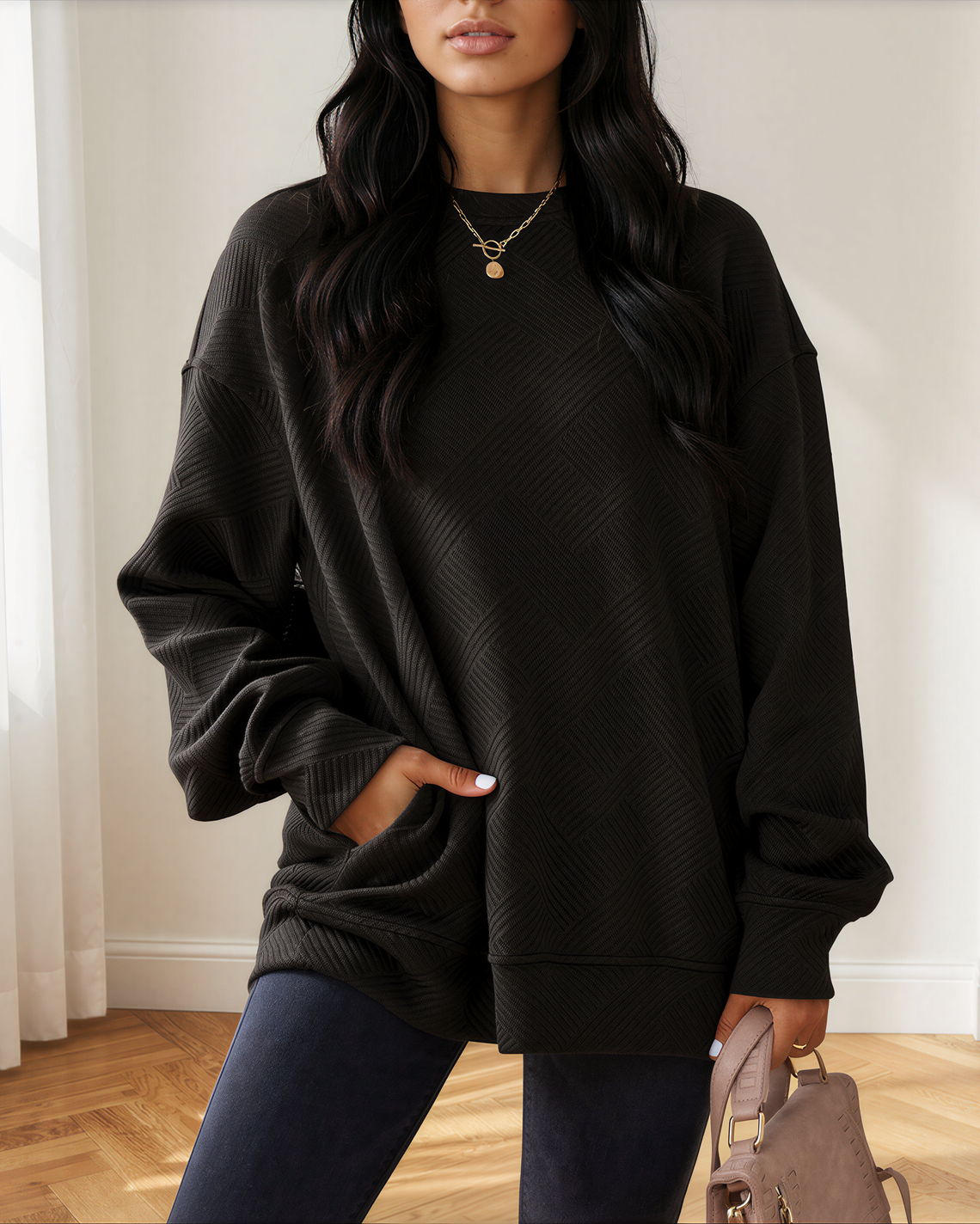 Brynn Textured Round Neck Drop Shoulder Pullover Sweatshirt in Jungle Green view 7 - Sweatshirt Pullover (top)