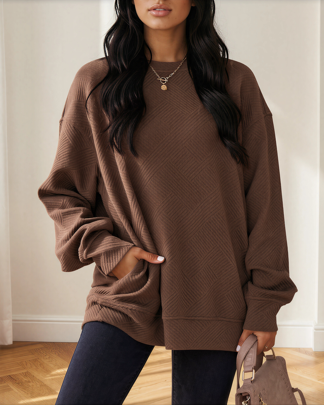Brynn Textured Round Neck Drop Shoulder Pullover Sweatshirt in Jungle Green view 8 - Sweatshirt Pullover (top)