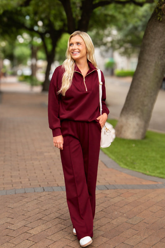 Butter Soft Pants, Maroon in Maroon view 2 - Butter Soft Burgundy Leggings (bottom)