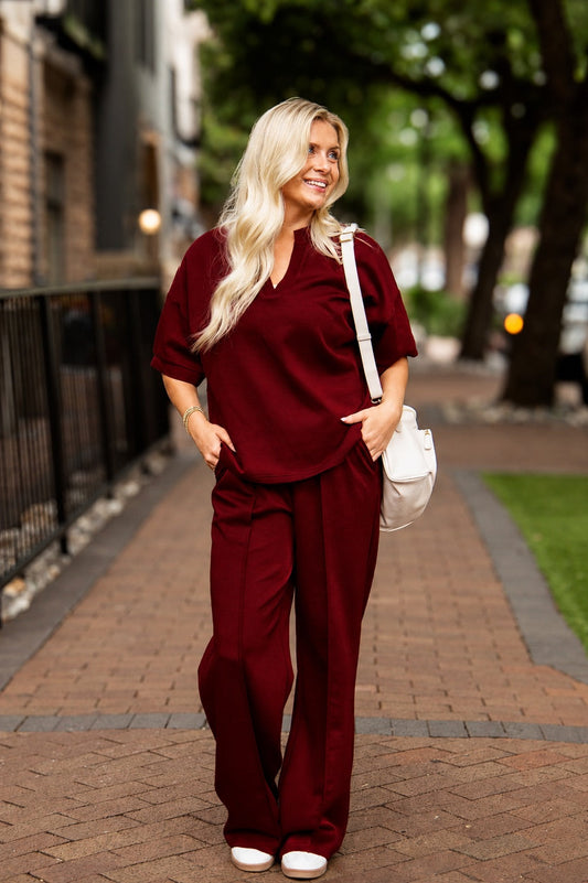 Butter Soft V-neck Top, Maroon in Maroon view 2 - Butter Soft Tops