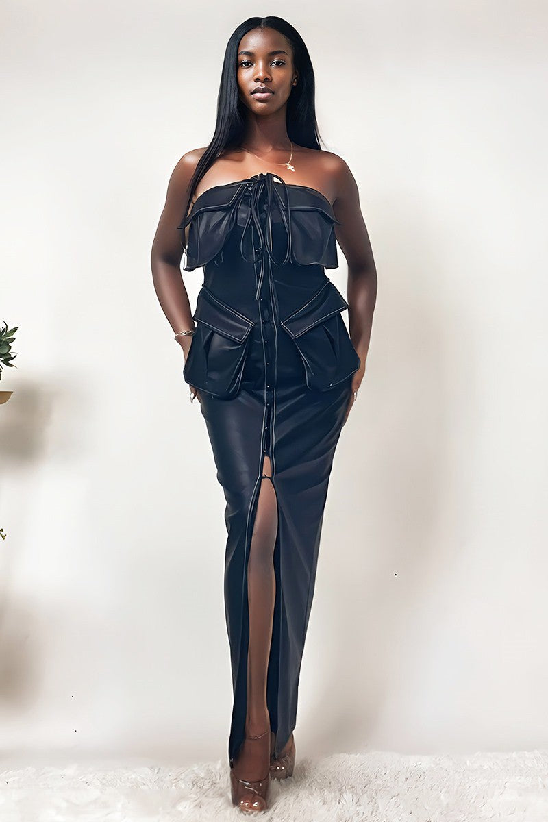 Button Detailed Pu Black Leather Dress in Large view 3