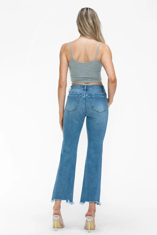 Bytos Raw Hem Distressed Mid Rise Crop Jeans in Medium view 2 - Bootcut Jeans Raw Denim (bottom)