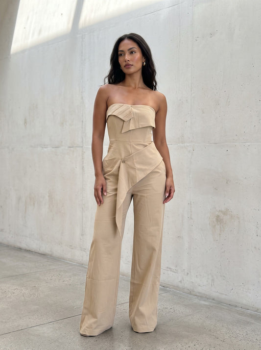 Camel Strapless Tailored Wide-leg Jumpsuit in Medium view 2 (one-piece)