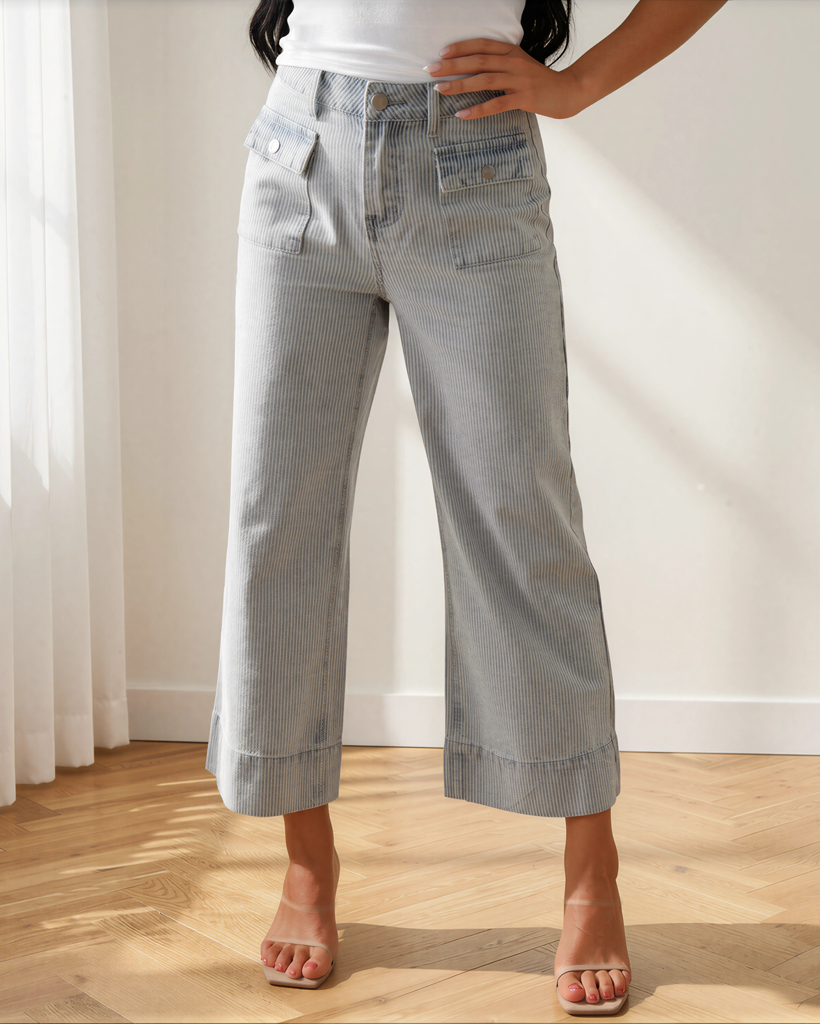 Camille Stripe Button Flap Pocket Cuffed Hem Wide Leg Jeans in 4 (top)