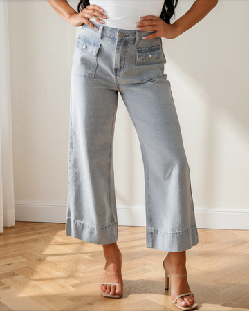 Camille Stripe Button Flap Pocket Cuffed Hem Wide Leg Jeans in 6 view 2 (top)
