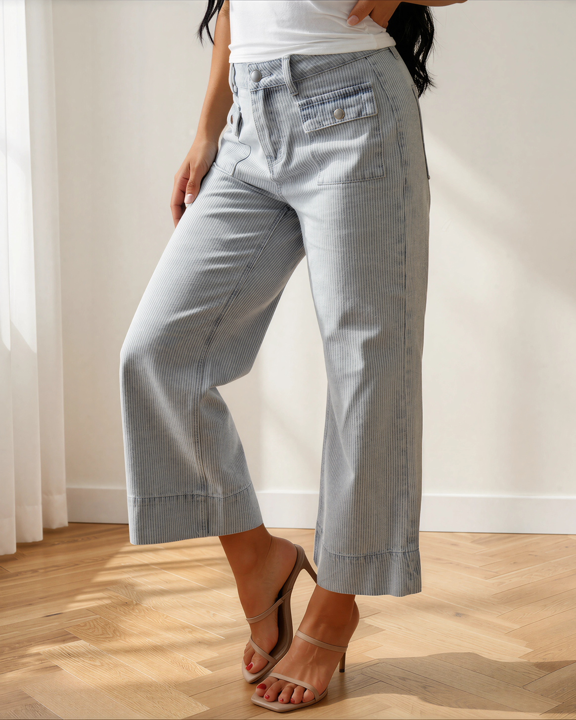 Camille Stripe Button Flap Pocket Cuffed Hem Wide Leg Jeans in 8 view 3 (top)