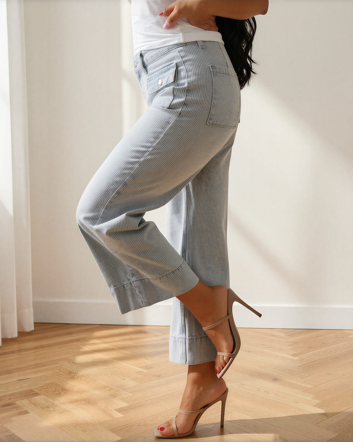 Camille Stripe Button Flap Pocket Cuffed Hem Wide Leg Jeans in 10 view 4 (top)