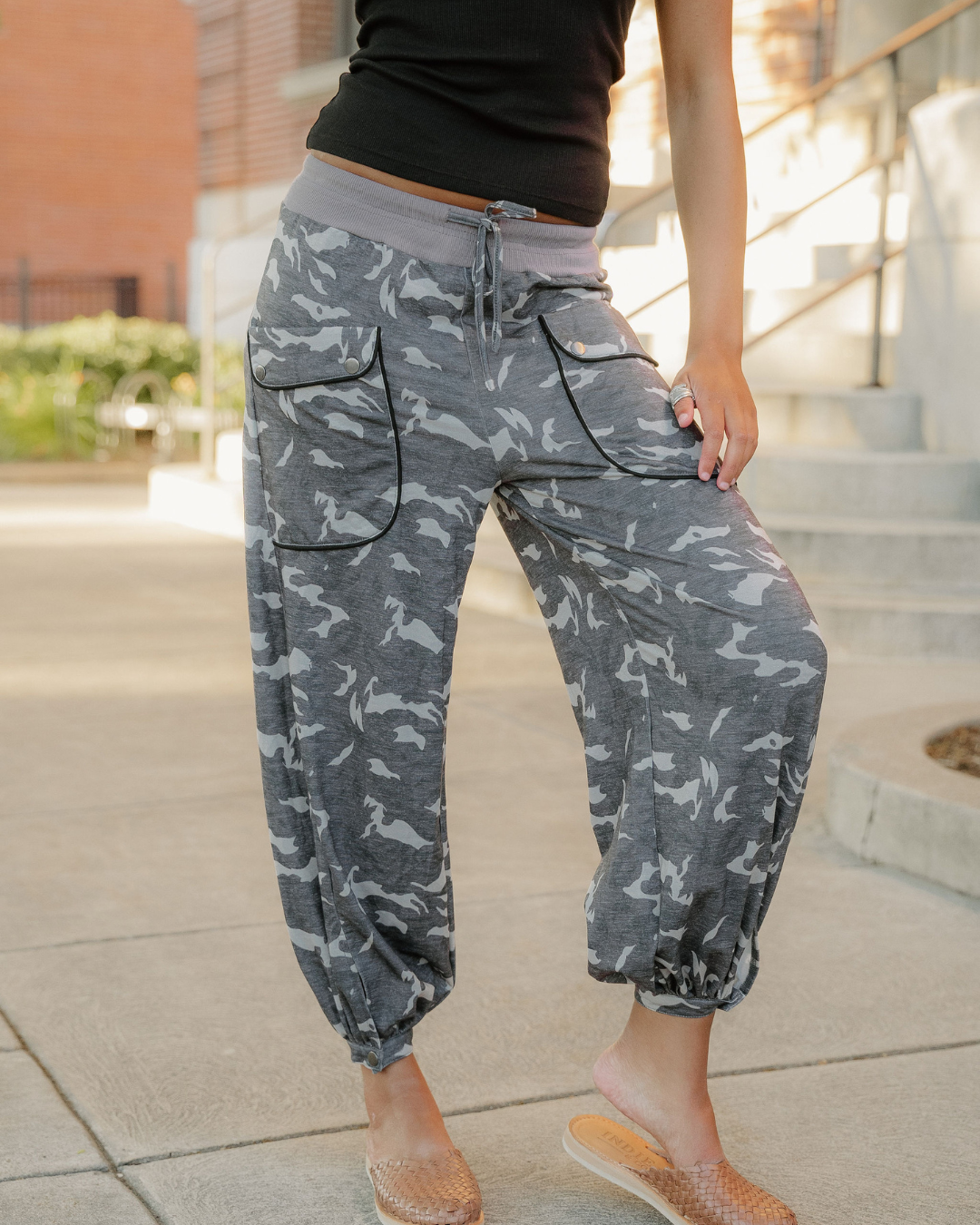 Camo Drawstring Joggers Pants in Khaki view 5 - Camo Drawstring Pants Women (bottom)