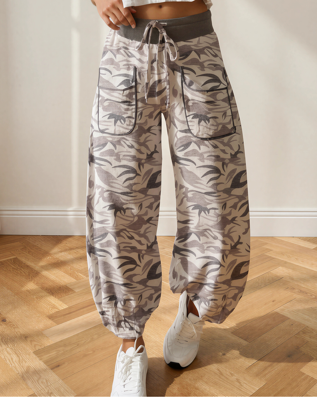Camo Drawstring Joggers Pants in Khaki view 8 - Camo Drawstring Pants Women (bottom)