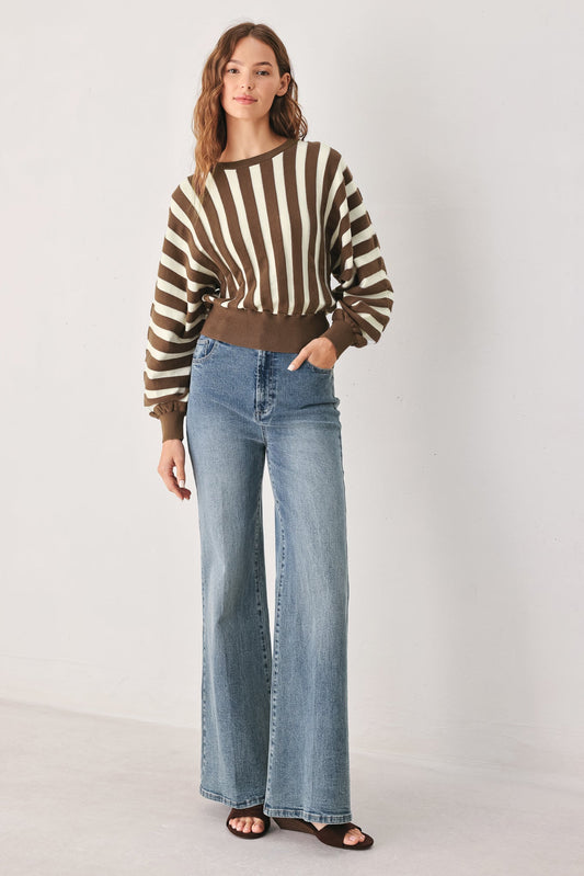 Cappuccino Vertical Stripe Knit Top in BROWN/IVORY view 2 - Fall Wardrobe Essential