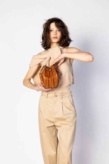 Cassidy Embossed Bucket Bag in Cognac Brown view 2