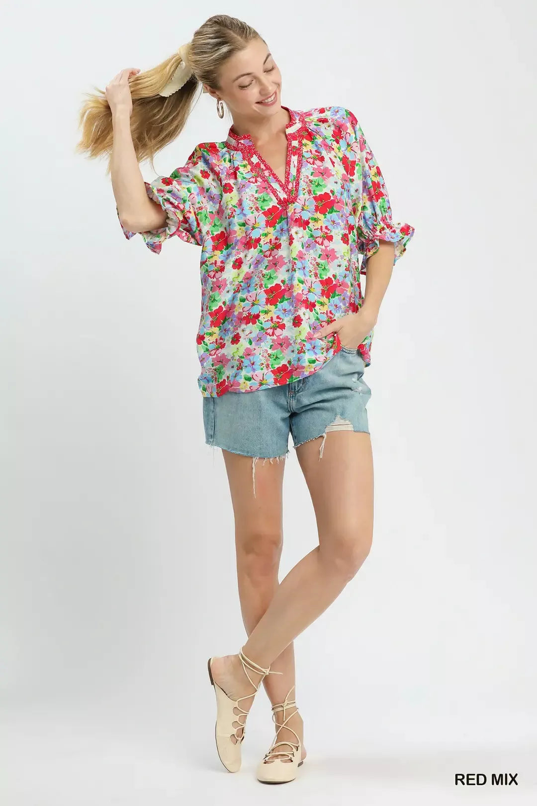 umgee mix floral Umgee Mix Floral Print Ruffle Top view 5 (top) - shop at us.meeeshop