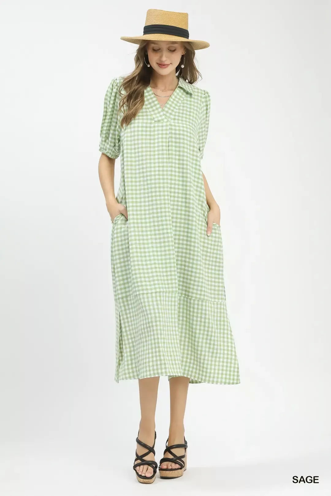 umgee gingham midi Umgee Gingham Midi Dress with Side Pockets view 4 (dress) - shop at us.meeeshop