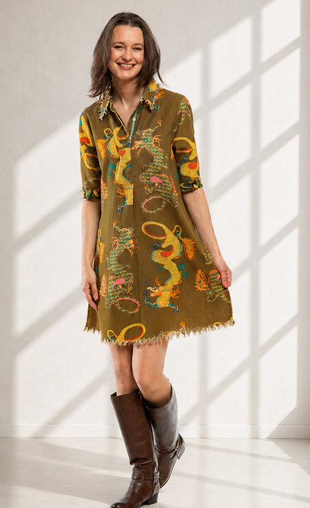 Chatham Dress Olive Dragon Print