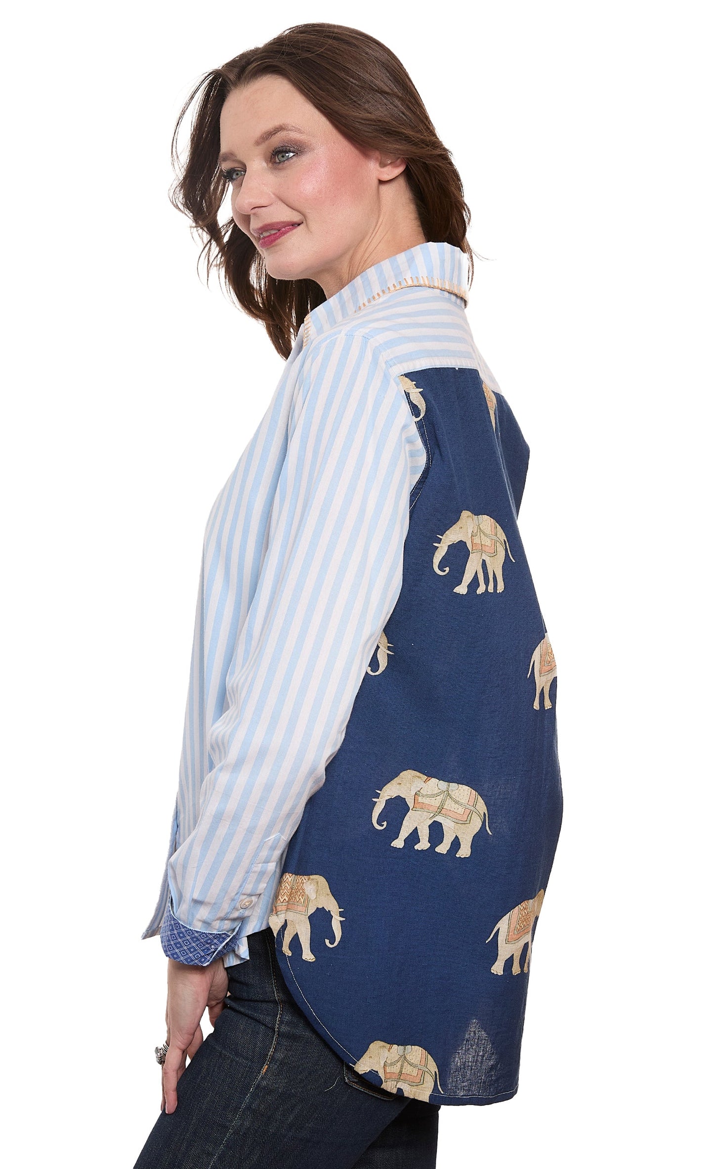 Chesapeake Hi Lo Top with Navy Ground Ellies on the Back in L view 4 - Ellies Top