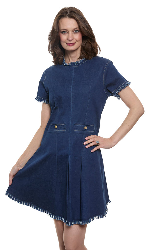 Coco Denim Dress with Fringe and Gold Buttons in S view 2 - Coco Embroidered Denim Dress