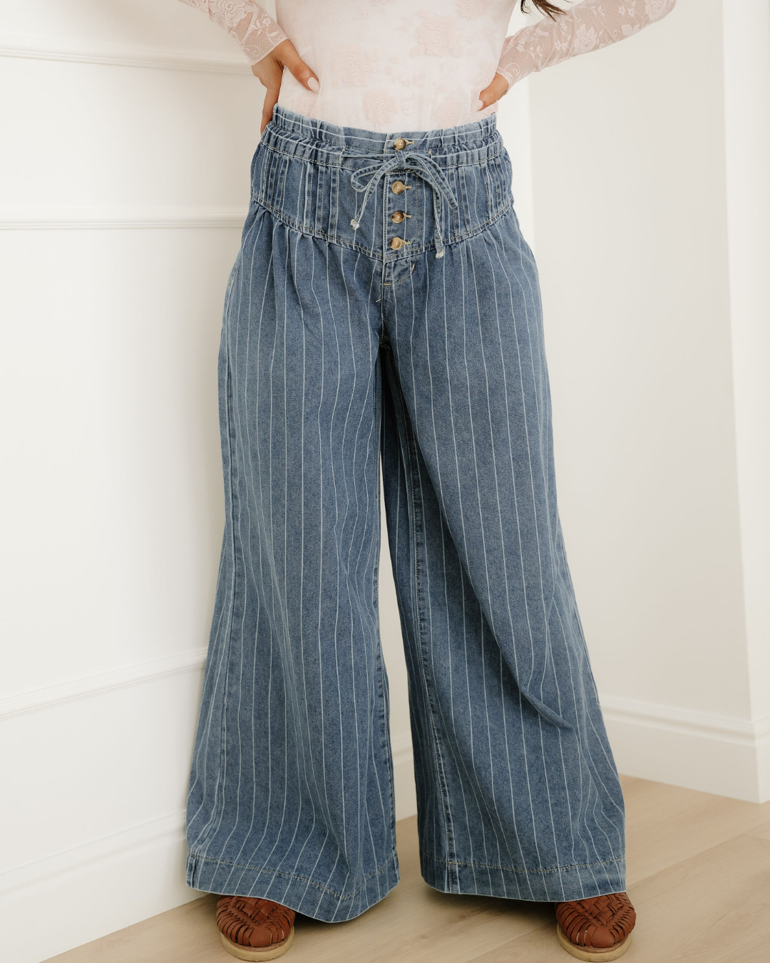 Cora Blue Stripe Button Pleated Drawstring Waist Casual Wide Leg Jeans in 14 view 6 (bottom)