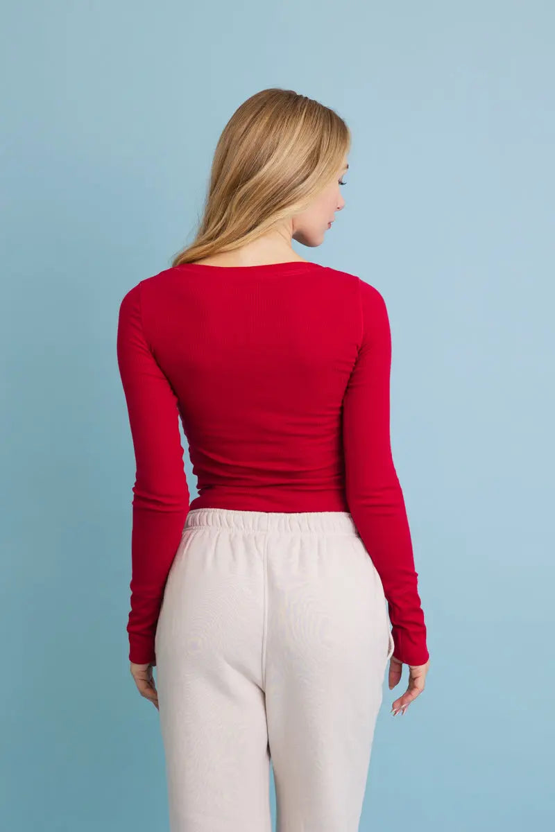 Cotton Long Sleeve Ribbed Henley Top with Buttons - MeeeShop Women's Fashion