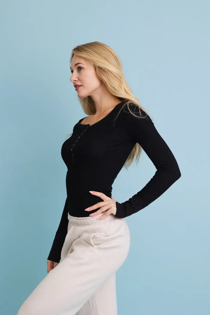 Cotton Long Sleeve Ribbed Henley Top with Buttons - MeeeShop Women's Fashion