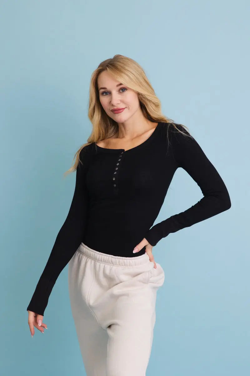 Cotton Long Sleeve Ribbed Henley Top with Buttons - MeeeShop Women's Fashion