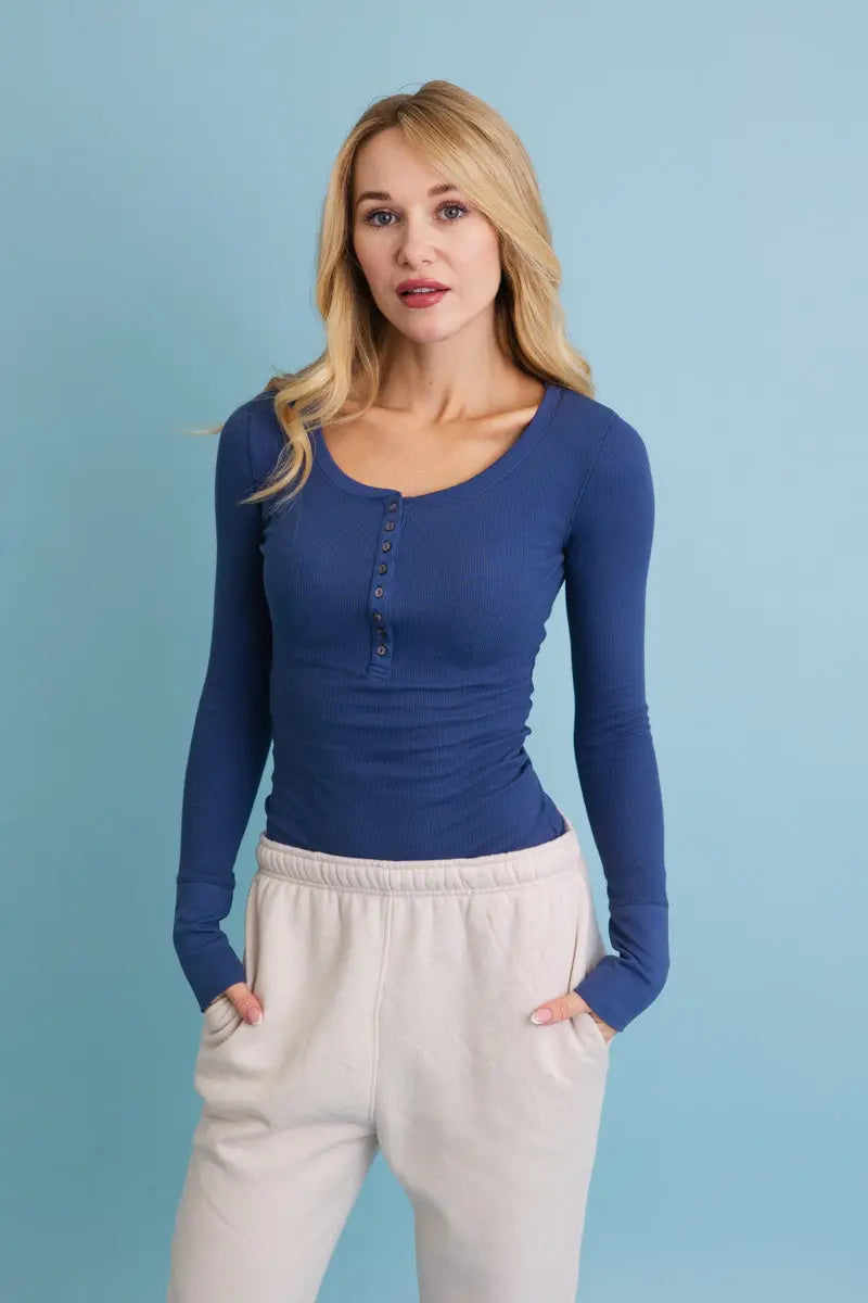 Cotton Long Sleeve Ribbed Henley Top with Buttons - MeeeShop Women's Fashion