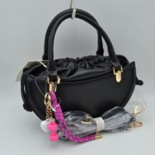 Curved Top Handle Handbag with Drawstring Inner Pouch in Black view 2 - Curved Top Handle Bag