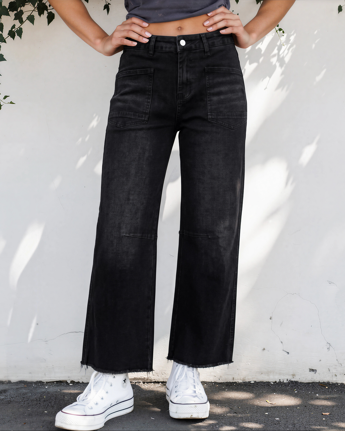 Daphne Frayed Cropped Barrel Jeans in Black view 3 (bottom)