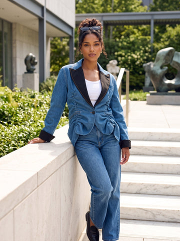 Denim Cinch Contrast Jacket in Medium view 2 - Denim Cinch Jacket In Brown (bottom)