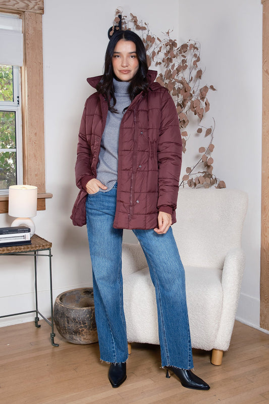 Detailed Snap Puffer Jacket in Wine view 2 - Full Snap Jacket (layer)
