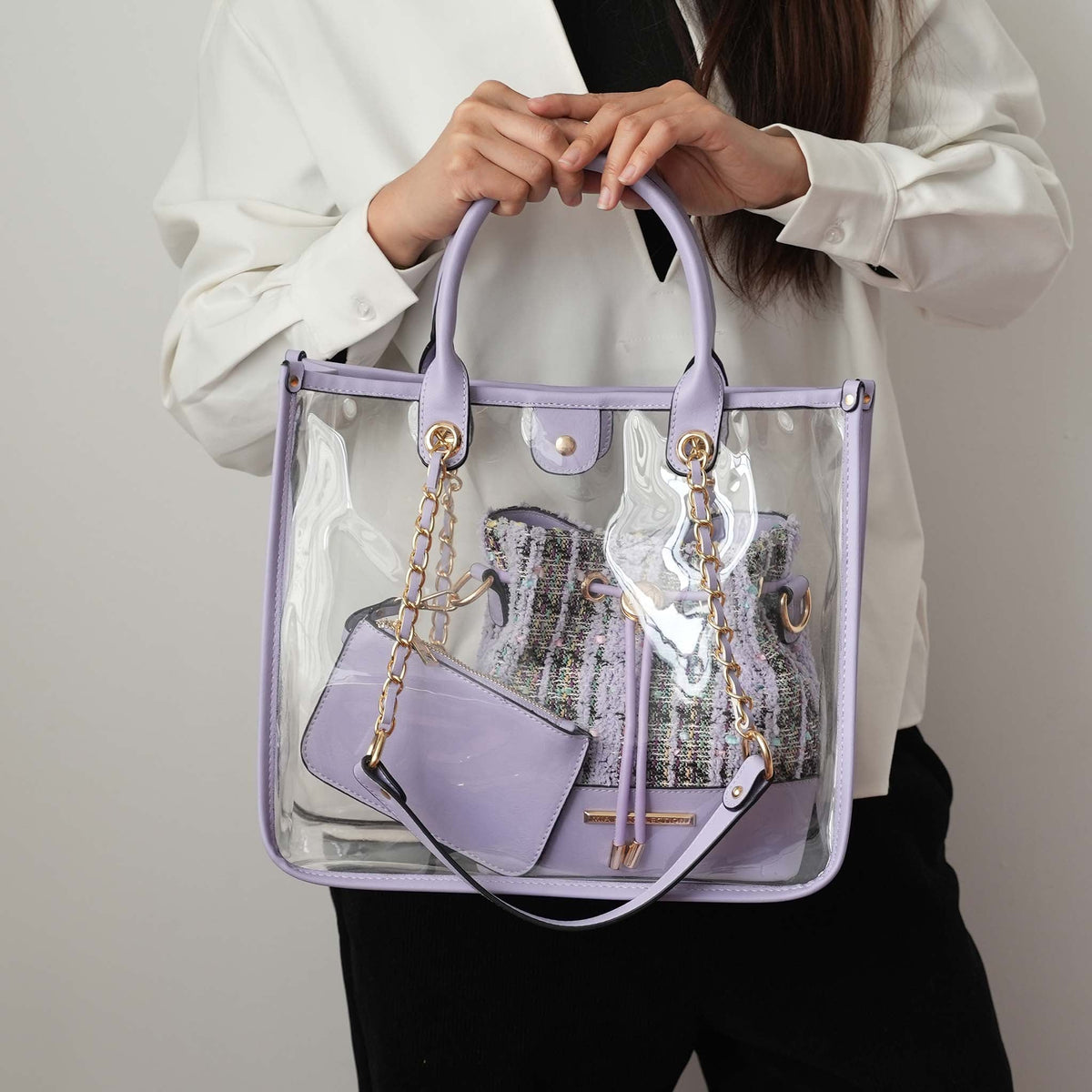 Diva Pvc Tote Bag with Tweed Bucket Bag in Light Blue view 2 - Bag Tote