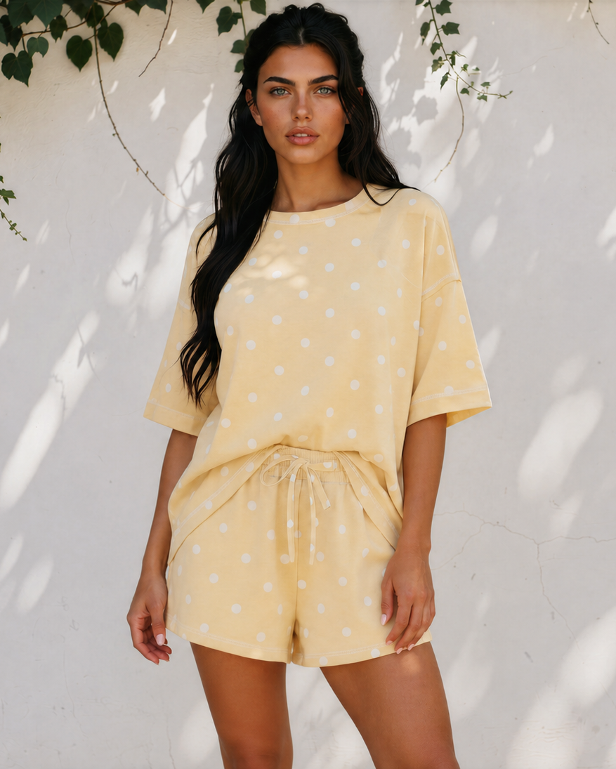 Dottie Short Sleeve Loose Top Drawstring Shorts Set in Sky Blue view 13 - Relaxed Fit - Short Dot Top