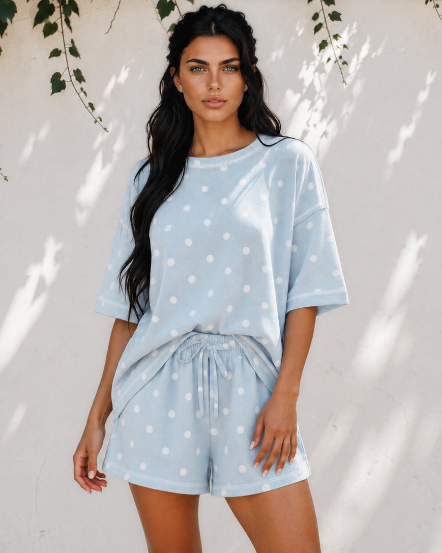 Dottie Short Sleeve Loose Top Drawstring Shorts Set in Sky Blue view 15 - Relaxed Fit - Short Dot Top