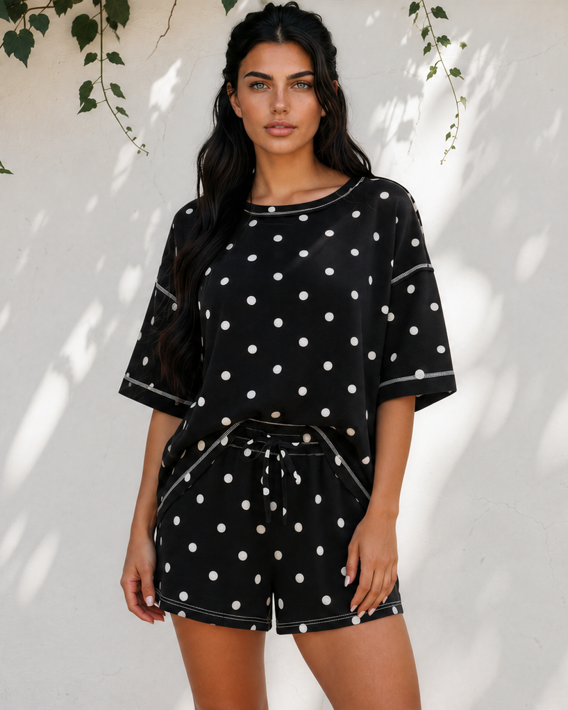 Dottie Short Sleeve Loose Top Drawstring Shorts Set in Pink view 4 - Relaxed Fit - Short Dot Top