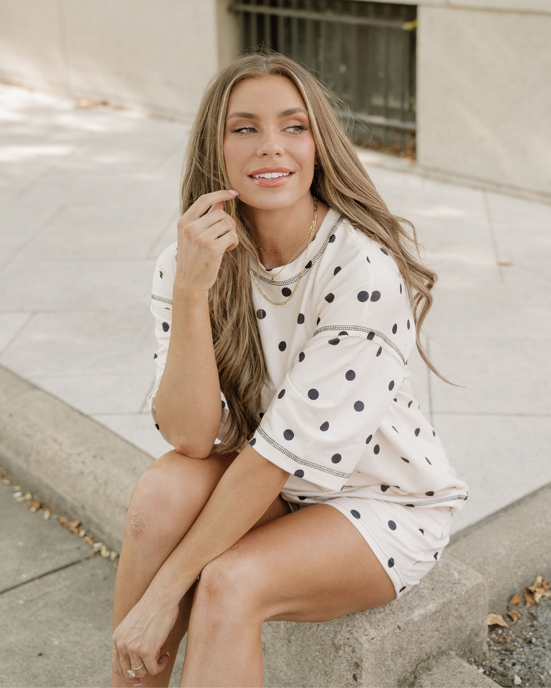 Dottie Short Sleeve Loose Top Drawstring Shorts Set in White view 6 - Relaxed Fit - Short Dot Top