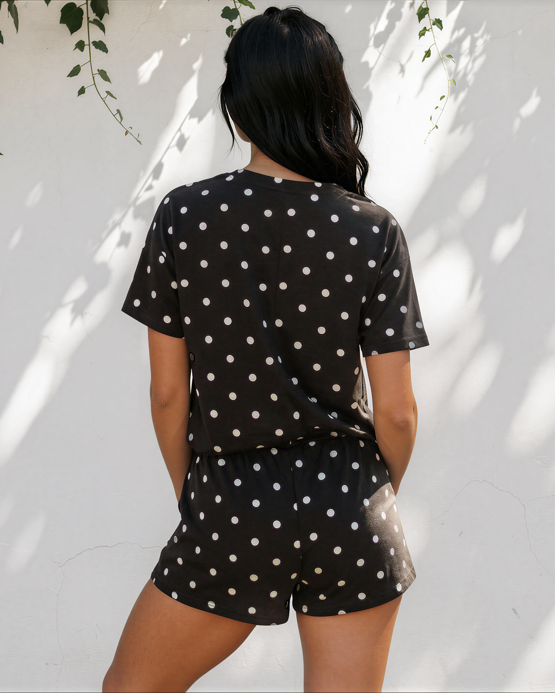 Dottie Short Sleeve Loose Top Drawstring Shorts Set in Black view 9 - Relaxed Fit - Short Dot Top