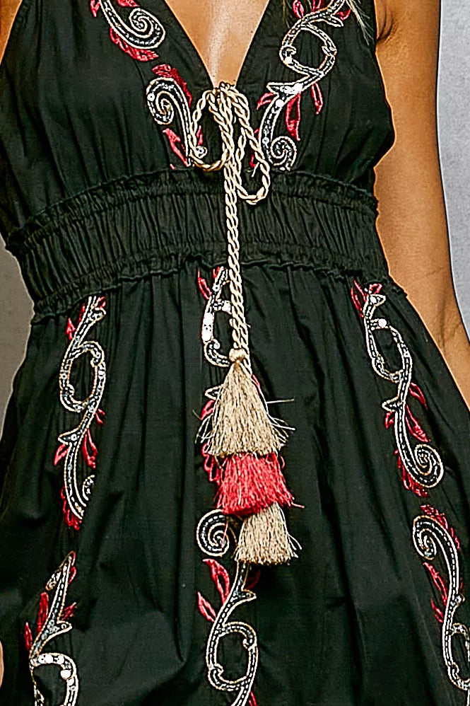 pol embroidered detail Pol Embroidered Detail Tassel Tie Smocked Waist Midi Tiered Cami Dress view 6 (dress) - shop at us.mee