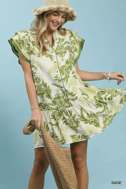 Umgee Toile Print Button-Front Placket Mini Dress with Dropped Ruffle Hem (women's dresses) view 2 - shop at us.meeeshop