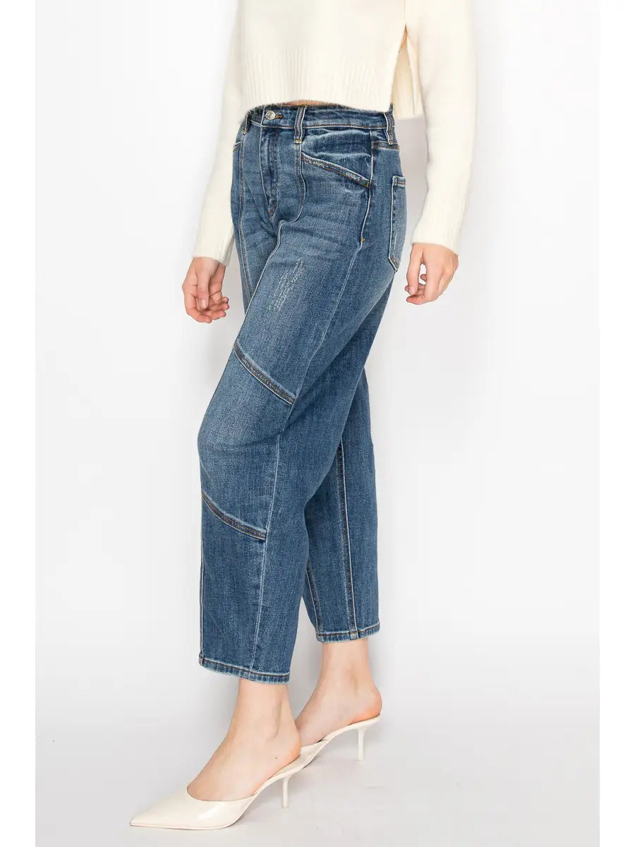 Elara Relaxed Tapered High Rise Cut Seam Detailing Barrel Jeans in 5 (26) view 3 - High-Waisted - Elara Relaxed Pants