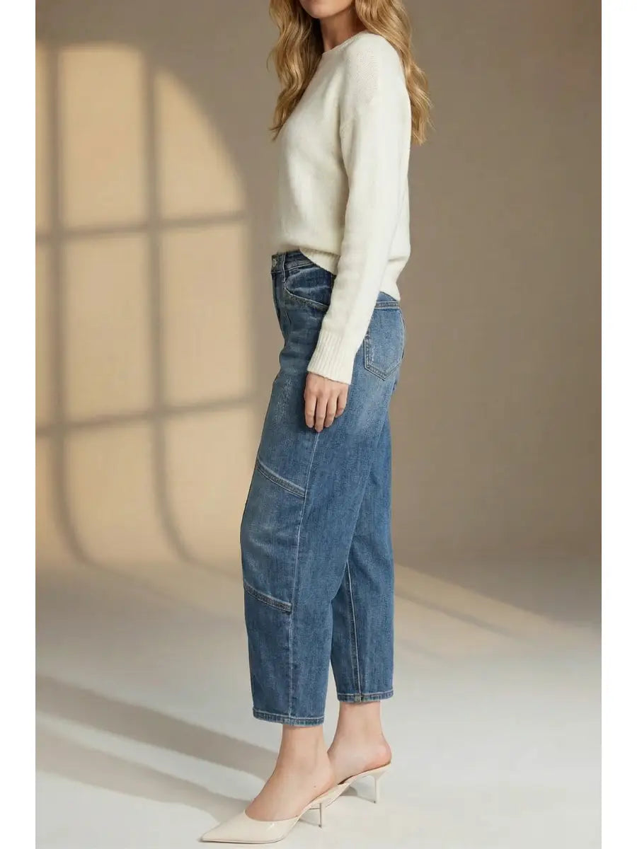 Elara Relaxed Tapered High Rise Cut Seam Detailing Barrel Jeans in 11 (29) view 6 - High-Waisted - Elara Relaxed Pants