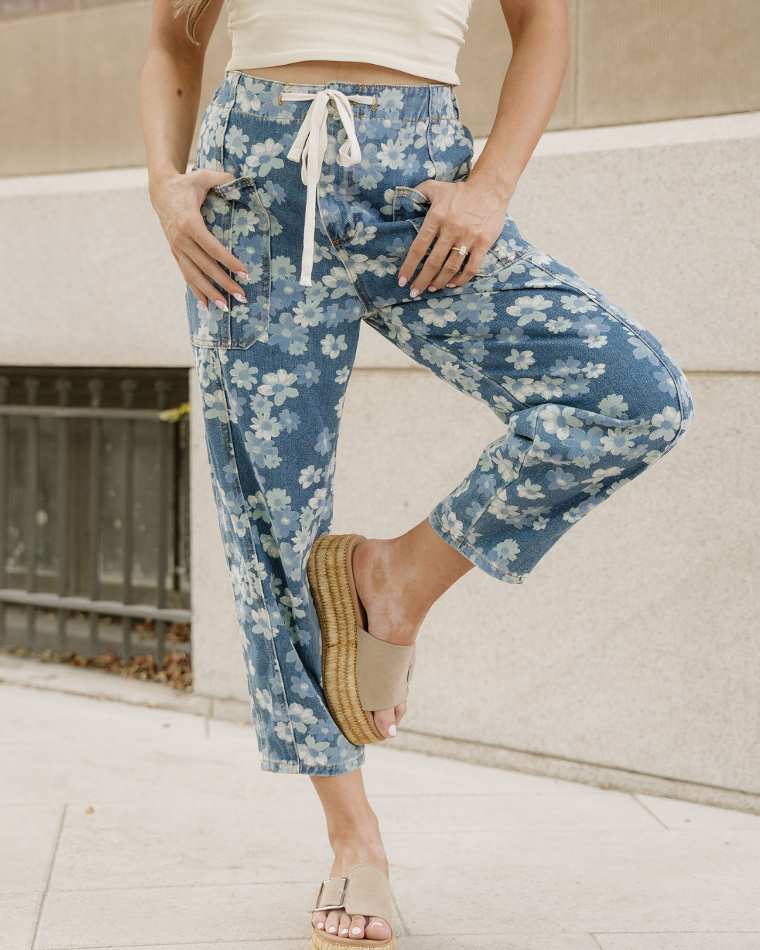 Eliana Floral Printed Drawstring Barrel Jeans in 12 view 5 (bottom)