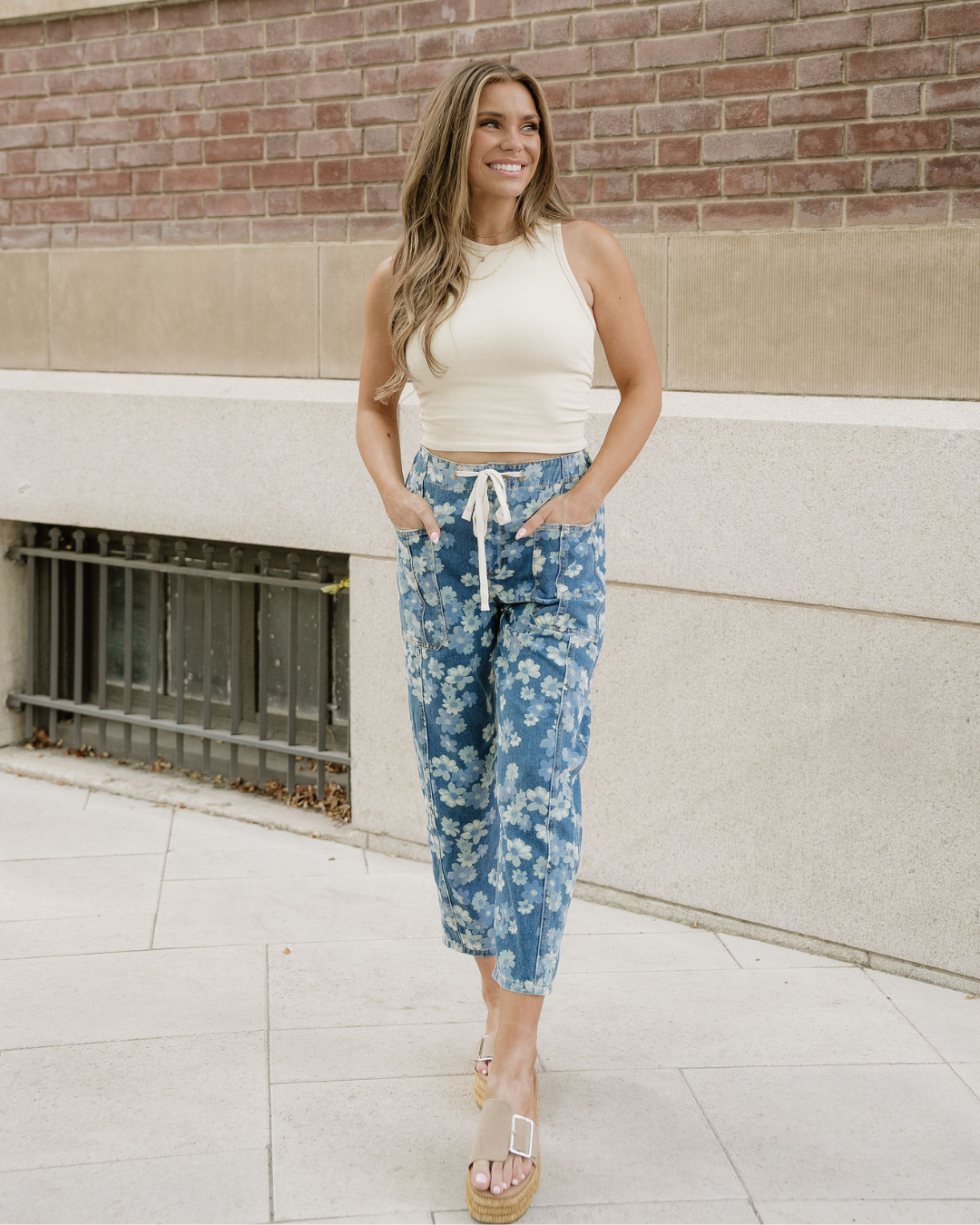 Eliana Floral Printed Drawstring Barrel Jeans in 14 view 6 (bottom)