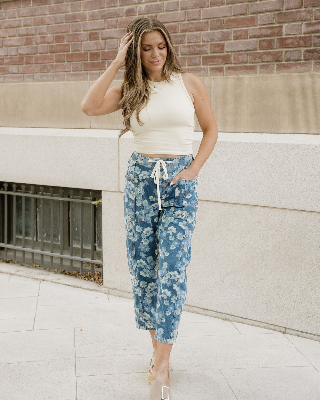 Eliana Floral Printed Drawstring Barrel Jeans in 16 view 7 (bottom)