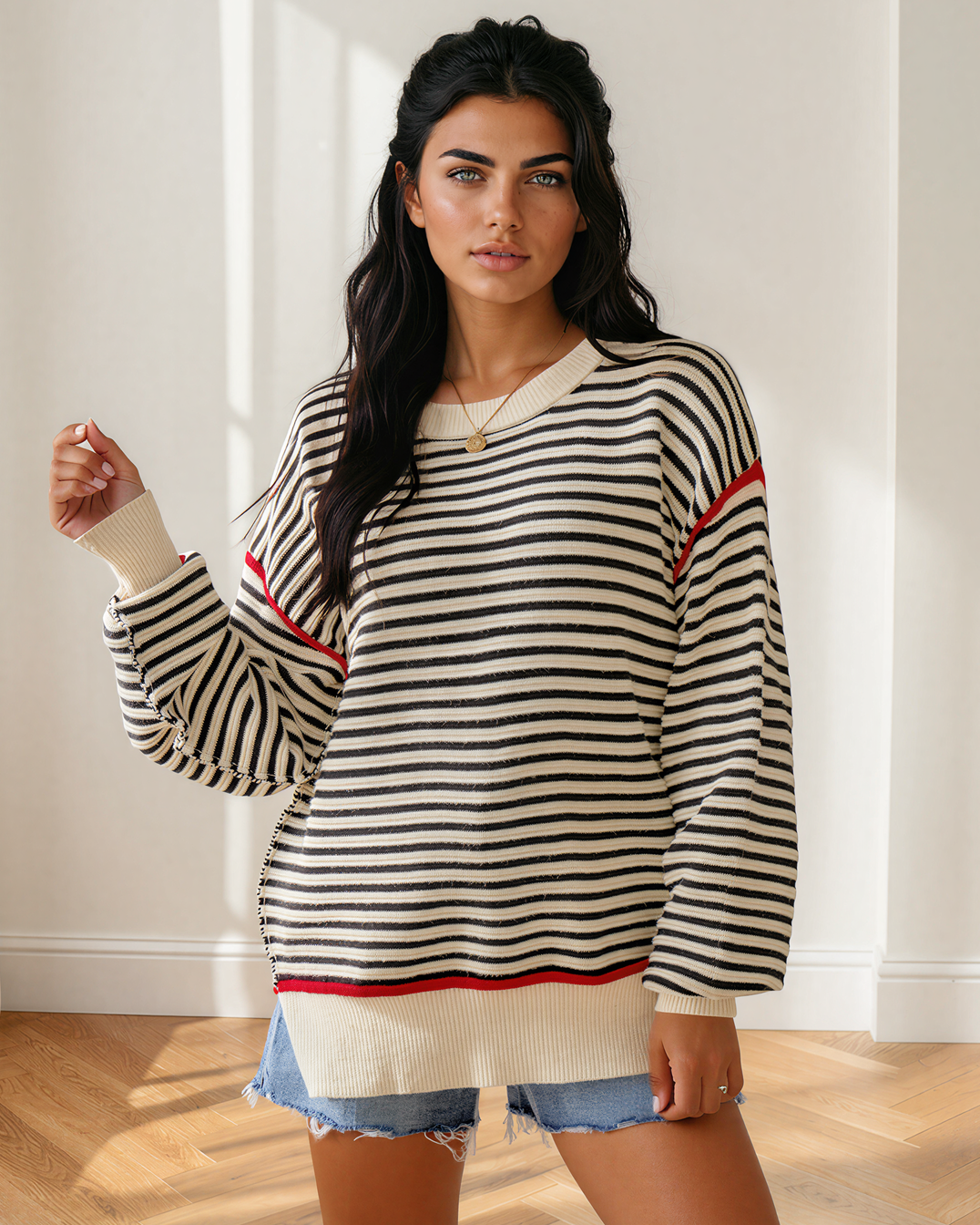 Elle Ribbed Trim Drop Shoulder Oversized Sweater in L view 3 - Relaxed Fit - Elle Ribbed Cloud Knit Sweater (top)