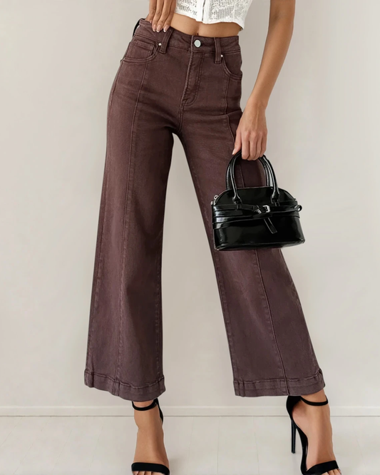 Elsie Solid Color Seamed Center Wide Leg Cropped Jeans - Red Sandalwood in Red Sandalwood view 2 - Sandalwood Jeans