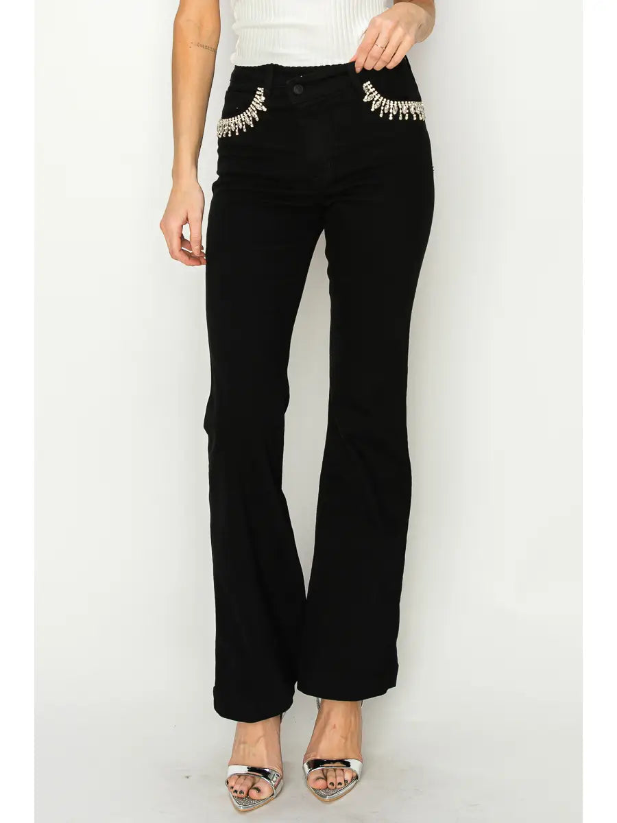 Embellished High Rise Cross over Flare Jeans in 11 (29) view 6 - High-Waisted - Embellished Jeans High Waisted (bottom)